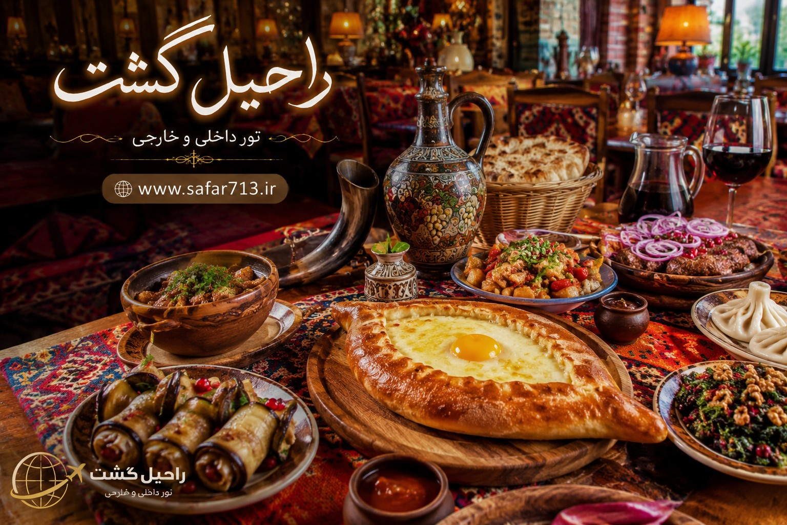 میز رنگارنگ غذاهای سنتی گرجستان شامل خاچاپوری و خوراکهای محلی؛ بخشی از تجربه سفر به گرجستان.
