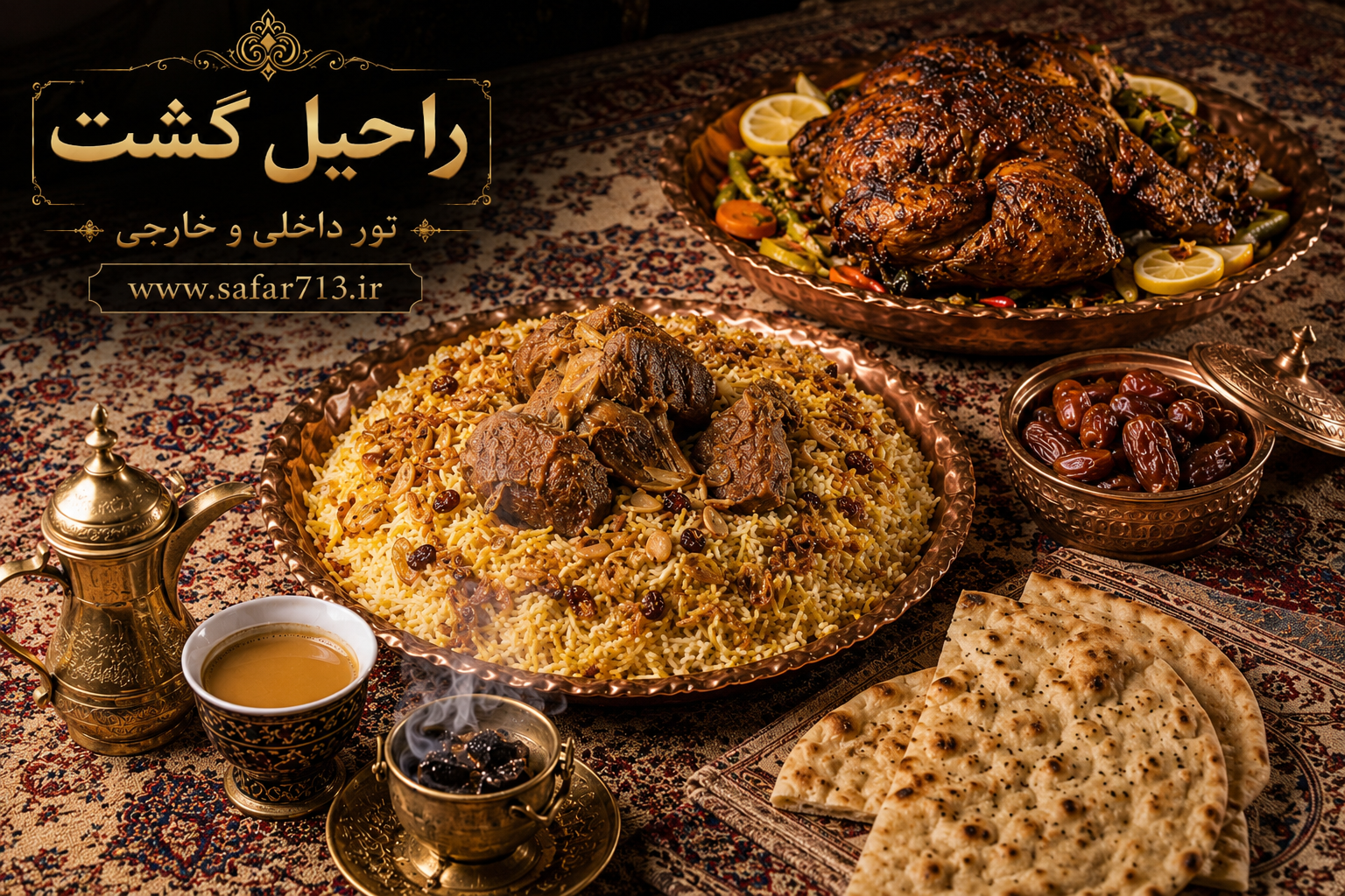 میز غذاهای سنتی عمان شامل مجبوس، شووا و خوراکهای محلی؛ بخشی از فرهنگ و تجربه سفر به عمان